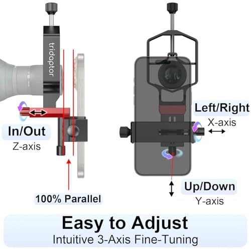 tridaptor - Universal Digiscoping Adapter | High-Precision Phone to Telescope 3-Axis Metal Holder Mount for Spotting Scope Monocular Microscope|Fits 2.4" Eyepiece Max&Most Cell Phone Camera TRIDAPTOR (without Bluetooth)