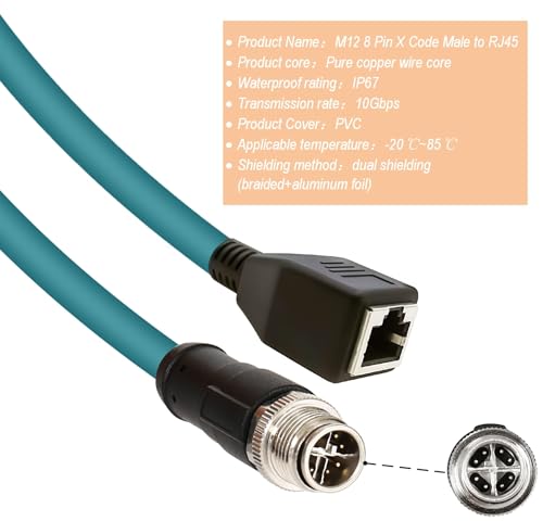 M12 X-Code 8 Pin Industrial Ethernet Cable, IP67 Waterproof Shielded Sensor Cable, Male to Female High-Flex Aviation Connector for Cognex Camera, PLC, Automation System Male X-8pin to Female RJ45 2m