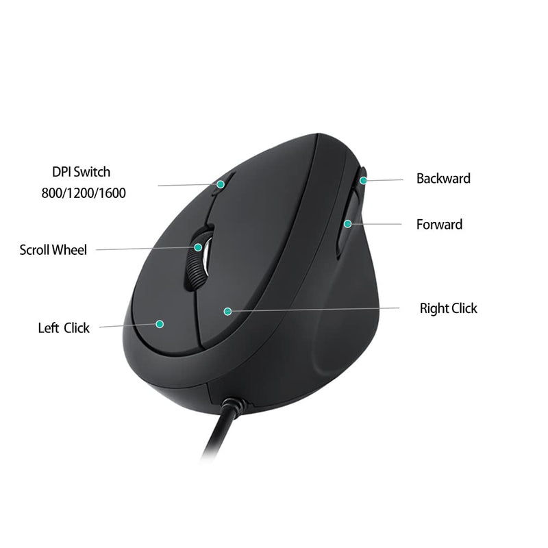 Wired Ergonomic Mouse, Optical Vertical Mouse with 3 Adjustable DPI 800/1200/1600, 6 Buttons USB Computer Mouse Medium-Small