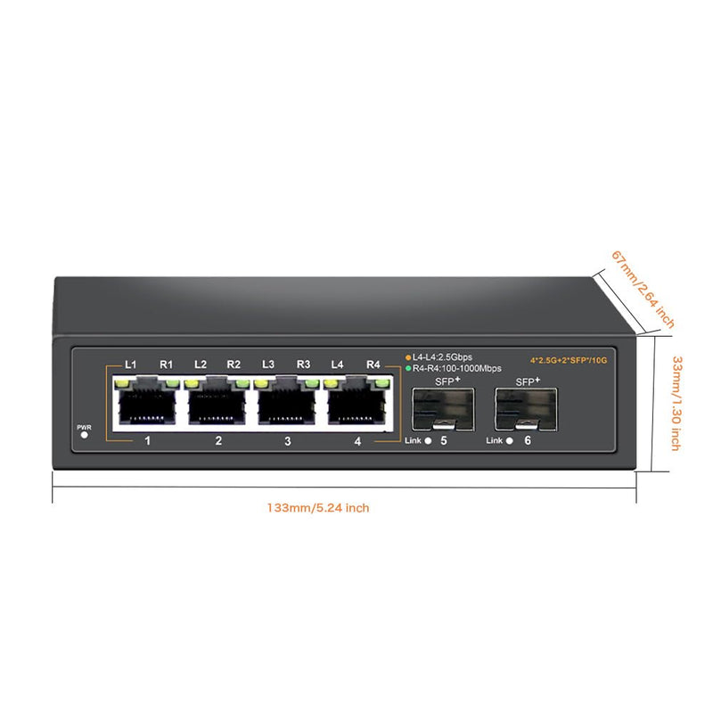 2.5G Unmanaged Ethernet Switch with 4 x 2.5G Base-T Ports and 2 x 10G SFP+ Uplink Ports, Compatible with 100/1000/2500Mbps, Fanlesss Design, Plug & Play, Metal 2.5Gb Network Switch 2.5G/6Ports