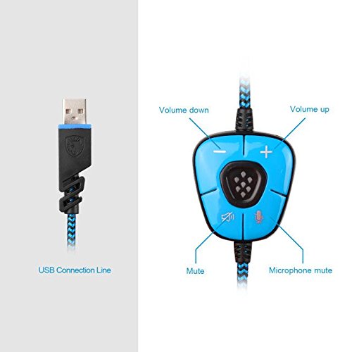 SADES Newest SA902 7.1 Channel Virtual Surround Sound USB Gaming Headset Over-ear Headphones with Noise Isolating Mic LED Light for PC Mac Computer Gamers(Black Blue) SA902Black