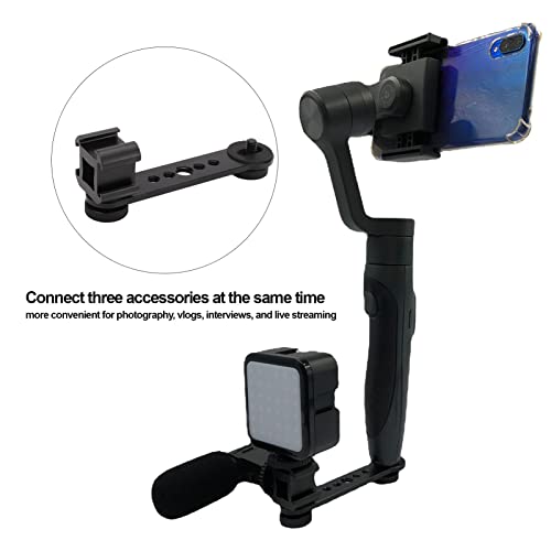 Triple Cold Shoe Mount, Gimbal Microphone Light Extension Bar Bracket Aluminium Alloy with 1/4in and 3/8in Screw Holes for OM 3/2, for Smooth 4, for Feiyu Gimbal Stabilizer(Black)