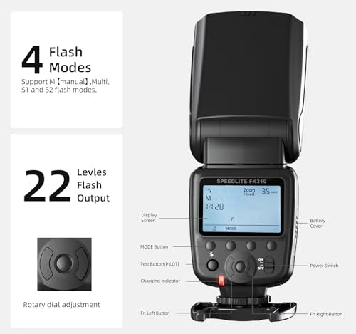 PHOTOOLEX Camera Flash Speedlite FK310, GN33 LCD Display, Manual S1/S2
