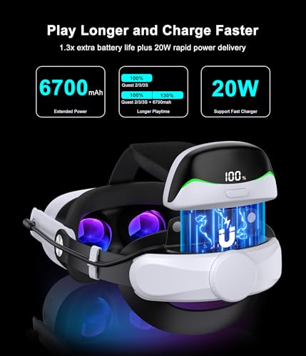 Head Strap for Meta Quest 3S/3/2 with Upgraded Soft Cushion Pad & 2x6700mAh Battery, – Adjustable Comfortable Lightweight VR Headset Strap, Extended 4-6Hrs Gameplay