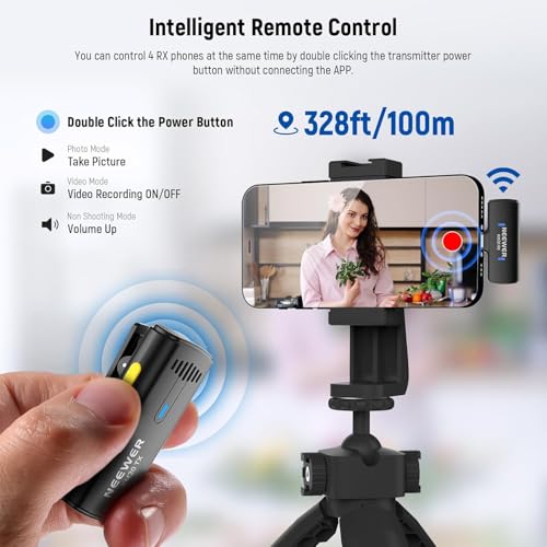 NEEWER Wireless Lavalier Microphone System for iPhone, Mini Clip on Lapel Mic Set with 2 USB C Transmitters/4 Receivers/OTG Adapter Compatible with iPhone Android Phone Computer Tablet, Black, KM20 Black KM20
