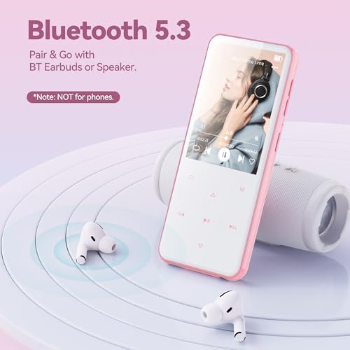 AGPTEK 64GB MP3 Player with Bluetooth, M3 2.4 inch Music Player with Speaker and FM Radio, Touch Buttons, Supports Up to 128GB(Pink) Pink