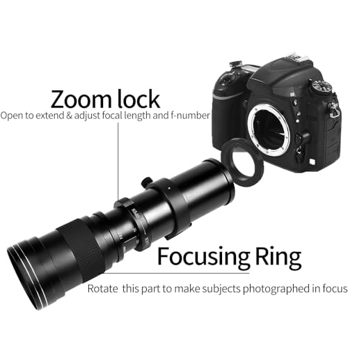 420-800mm f/8.3 Telephoto Lens Zoom SLR Camera Lens for Canon T7i T6 T6i T6s T7 T8i T3i, T4i, T5, T5i, SL2, SL1 4000D 2000D 80D 90D 5D III 6D 7D II 60D 70D 250D 750D 760D 1300D Black