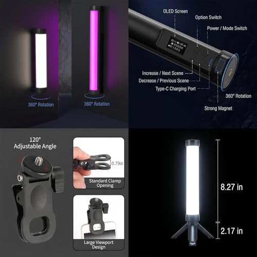 Portable 360° Rotatable Magnetic RGB LED Light Wand, APP Control 0-360° Full Color Adjustable Rechargeable Fill Light, 21 Effects, Bring Clip & Tripod for Phone Camera Live Stream Makeup Shooting