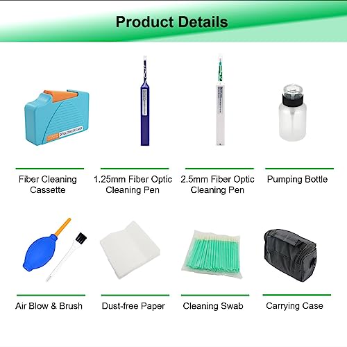 Fiber Optic Cleaning Kit — Fiber Cleaner for FC SC ST LC Connector, FTTH Cleaning Cassette (550+ Cleans), 1.25mm & 2.5mm Optic Cleaner Pen (800+ Cleans), Cleaning Sticks, Wipes