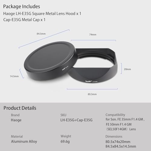 Haoge Lens Hood Metal Square Bayonet for Sony FE 35mm F1.4 GM, FE 50mm F1.4 GM,with Metal Front Cap, Replaces Sony FE35mm F1.4 GM Hood ALC-SH164
