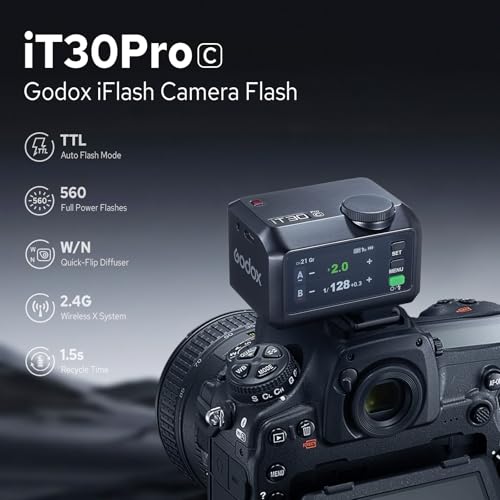 Godox iT30Pro C iT30Pro-C Flash for Canon, 2.4G Mini Canon Flash HSS 1/8000s, 560 Full Power Flashes, TTL Auto-Exposure, 2.8" Full-Color Touchscreen, Built-in Diffuser and Lithium Battery(Black) iT30ProC for Canon