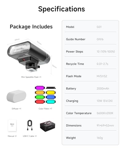 PHOTOOLEX G01 Mini Camera Flash GN16,10 Levels, 1.5s Recycle for Canon Sony