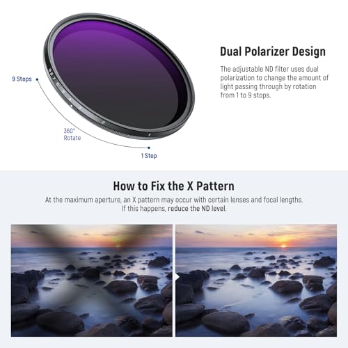 NEEWER 52mm ND2-400 (1-9 Stops) Variable ND Filter with Lens Cap, Lanyard, Cleaning Cloth, Precise Neutral Density Adjustment, Fingerprint & Scratch Resistant Multicoated Optical Glass ND2-ND400