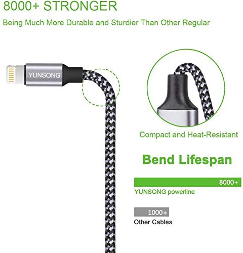 iPhone Charger, YUNSONG 3Pack 6FT Nylon Braided Lightning Cable Fast Charging High Speed Data Sync USB Cord Compatible with iPhone 13 12 11 Pro Max XS XR X 8 7 6S 6 Plus SE 5S Grey