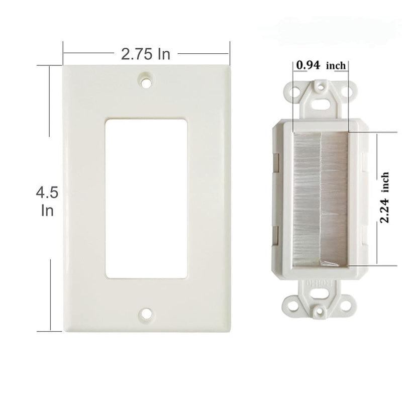1 Gang Brush Wall Plate Decora Style White Brush Wall for Passing Through Speaker Wires/Coaxial/HDMI/Network/Phone/Audio/Video Cables, Pack of 12, White, 24 Screws Included