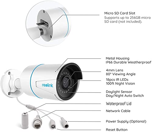 REOLINK Security IP Camera , 5MP Surveillance Outdoor Indoor PoE Camera, Human/Vehicle Detection, 100Ft IR Night Vision, Work with Smart Home, Up to 256GB Micro SD Card, RLC-510A White