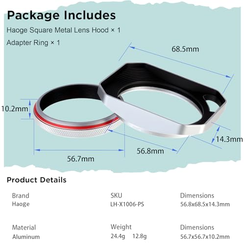Haoge Square Metal Lens Hood for Fujifilm X100VI X100V X100F X100T X100S X70 Fuji Photo Camera Accessories Silver with 49mm Uv Filter Adapter Ring Hollow Out Designed LH-X1006-PS Silver-Hollow Out