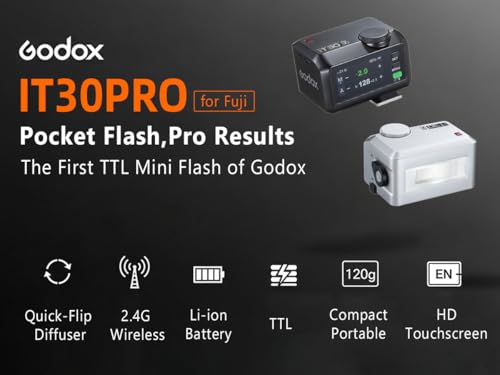 Godox iT30pro F TTL Mini Flash & Trigger- GODOX Authorized Distributor iT30 Pro F for Fuji - IT30 Pro for Fujifilm TTL Flash, Wireless Master & Receiver, HSS 1/8000 Second, 2.4G Wireless Black IT30PRO for Fuji