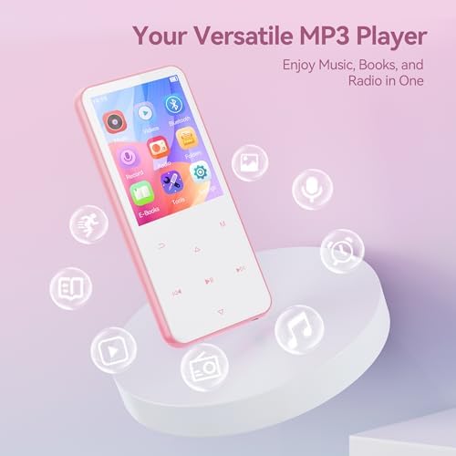 AGPTEK 64GB MP3 Player with Bluetooth, M3 2.4 inch Music Player with Speaker and FM Radio, Touch Buttons, Supports Up to 128GB(Pink) Pink