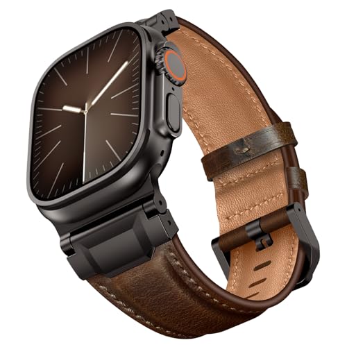Leather Bands Compatible with Apple Watch Ultra 3/2/1 Band 49/46/45/42mm Men, Genuine Leather Metal Connector Strap for iWatch Ultra Series 11/10/9/8/SE, Dark Brown/Black+Retro Walnut/Titanium