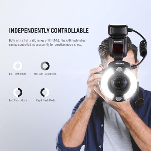 NEEWER RF1-N Marco Ring Flash Light Compatible with Nikon Camera, 76Ws GN15 5600K TTL Lighting 1-1/128 Output Front/Rear Curtain Sync Color Gels, Lens Adapter Rings for Macro Photography Studio Photo for Nikon