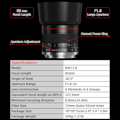 F 85mm f1.8 Portrait Lens - MF for Nikon D850/D750/D500/D7500/D610/D5600/D7200/D7000/D3500/D3400/D3300/D3200/D3100/D5/D6/D810//D7100/D5300/D5100/D800 - Manual Focus DSLR Cameras Lenses(F-Mount) MF 85mm Lens For Nikon F-mount