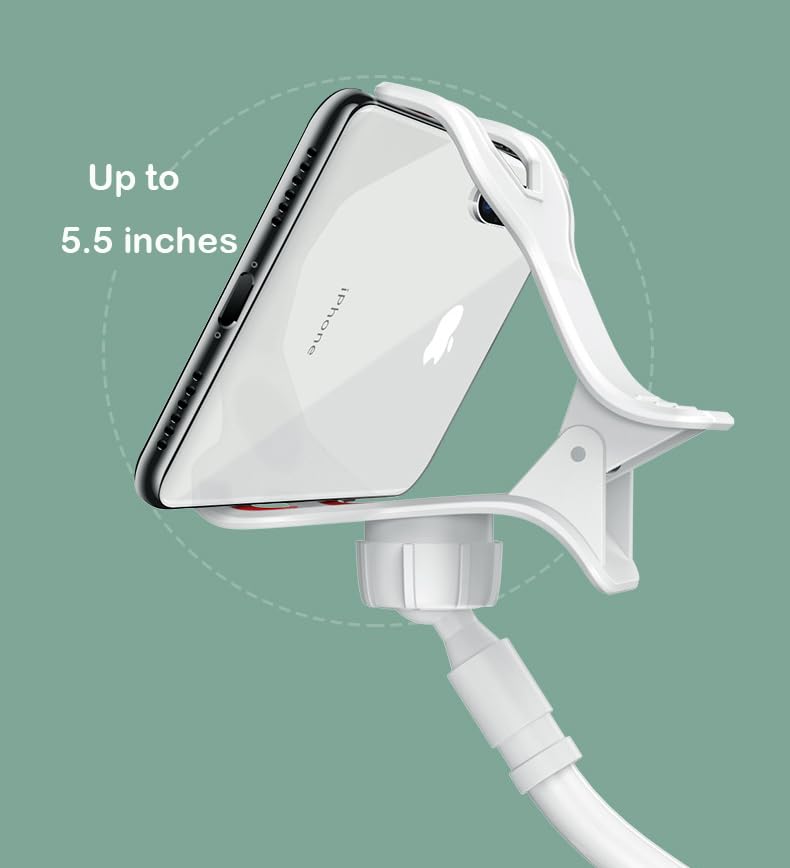 Gooseneck Phone Holder for Bed or Desk: Gooseneck Cell Phone Stand with 43.3 Inches Flexible Long Arm & Clamp | Headboard Phone Mount with Clip Fit for iPhone or Mobile Phone (White) White