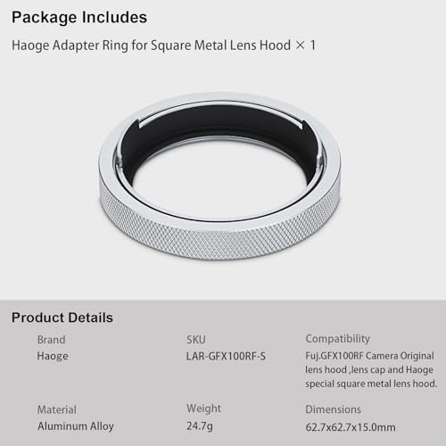 Haoge Adapter Ring for Fujifilm GFX100RF Camera Square Metal Lens Hood Accessories Bayonet Shades Compatible with GFX100RF Original Lens Cap 49mm UV Silver