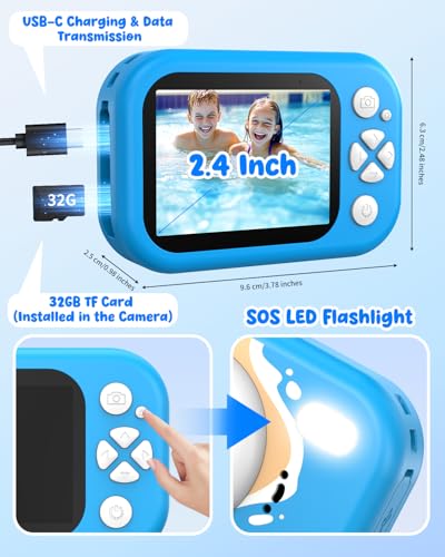 Waterproof Kids Camera, Underwater Camera for Kids 1080P Digital Video Camcorder with 2.4” Display, 32GB TF Card, Emergency LED Flash, Diving Swimming Beach Pool Toys for 3-12 Years Old Boys, Blue