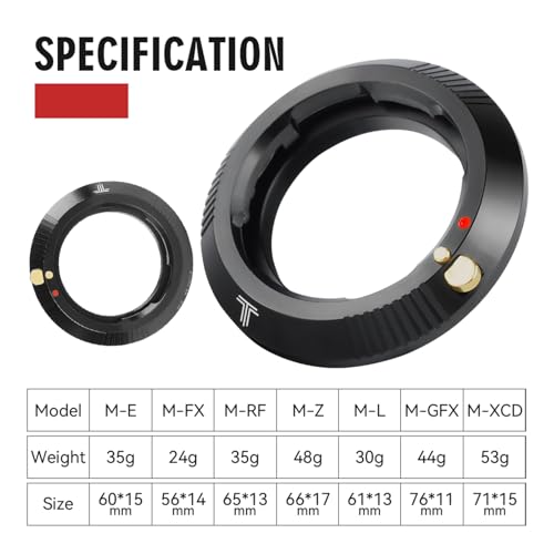 TTARTISAN M Lens to Fuji X Adapter, X-Mount Lens Adapter Ring Compatible with X-A1 X-A10 X-A2 X-A3 X-H1 X-T1 X-T10 X-T2 X-T20 X-T3 X-T30 X-PR01 X-PR02 X-PR03 Cameras M-X Adapter