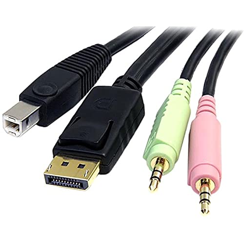 StarTech.com 6ft 4-in-1 USB DisplayPort KVM Switch Cable w/Audio & Microphone (DP4N1USB6),Black | Latching DisplayPort, Single bundled cable for keyboard video mouse, Gold plated connectors, Molded strain relief
