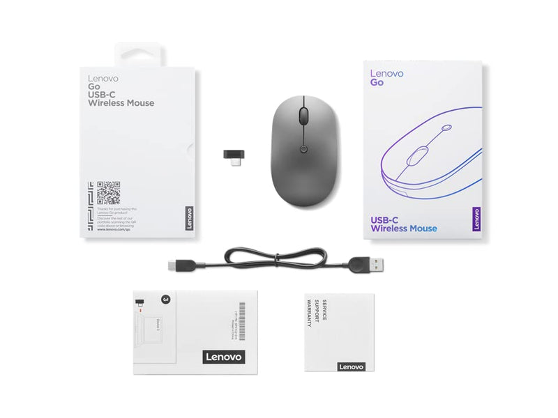 Lenovo Go USB-C Essential Wireless Mouse, 2.4 GHz Nano USB-C Receiver, Adjustable DPI, Rechargeable Battery, Ambidextrous, GY51C21210, Grey
