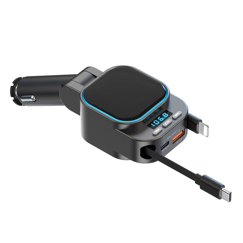 Retractable 96W Car Charger with Bluetooth 5.3 FM Transmitter for High Sound Quality, Easy Setup, 4-in-1 Fast Charging, Handsfree Calling, USB-C Adapter for iPhone 11-17
