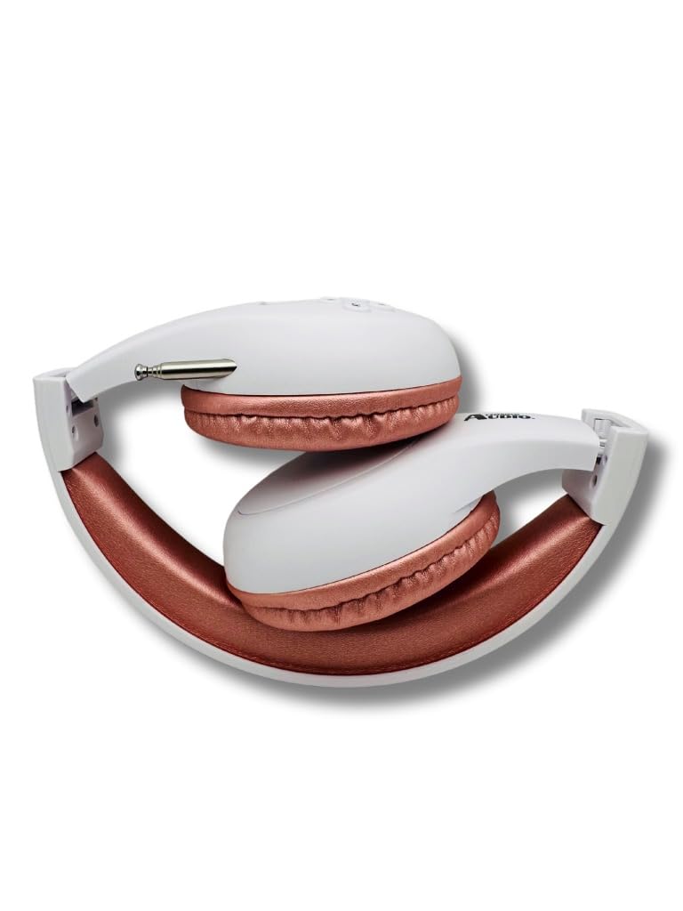 KQEC FM Radio Headphones, White & Rose Gold | Adjustable, Pull-Out Antenna, Portable Personal Radio, Battery Powered