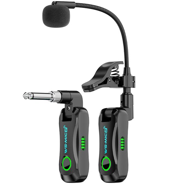 Wireless Saxophone Microphone System, High-Resolution 24- bit/44.1kHz Audio 2.4GHz Clip on Instrument Microphone Suitable for Brass (Trumpet, Trombone, Tuba, Cornet ), Low Latency Wireless Mic