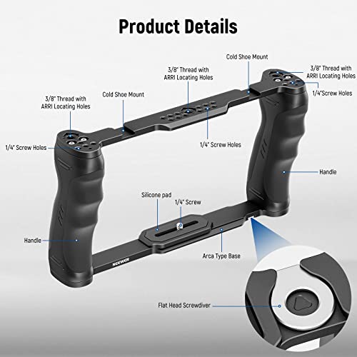 NEEWER Video Camera Cage Rig with Arca Type Base/Dual Grips/Expansion Holes/15mm Rods, Universal Stabilizer Compatible with Sony Canon Nikon DSLR/DSLM, Compatible with SmallRig Accessories, CA016