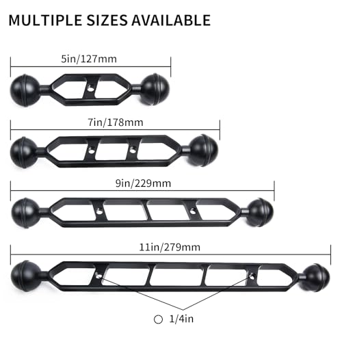 Black 7" Underwater Aluminum Alloy Extension Arm (2-Pack) - Dual Ball System with 1" Head Connector, Waterproof & Rustproof for Diving Camera Tray/Strobe/Video Light, Scuba Photography Gear 7" Extension Arm Black
