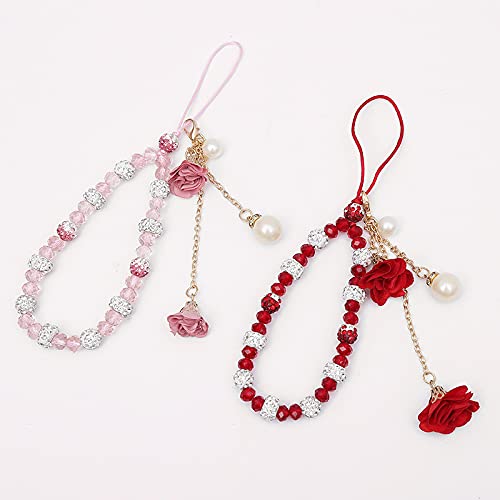 Fuqimanman2020 1-2 pieces of crystal flower mobile phone strap with female decorative pendant, cute car keychain red