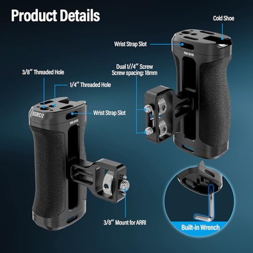 SIRUI Side Handle with Locating Mount for ARRI and Dual 1/4" Screw Mount Optional, Lightweight Camera Handgrip with Cold Shoe, Multiple Threads, Up and Down Adjustable Side Grip, AM-SHS(Pack of 1) ARRI & Dual Screw Mount