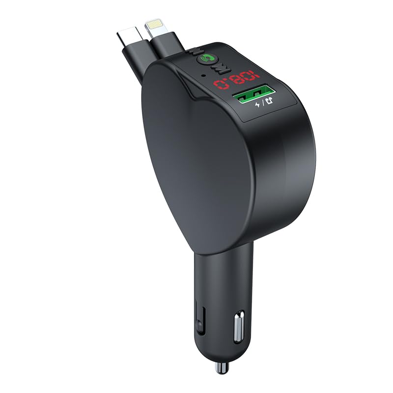 [AUSTRALIA] - ﻿ CYZFOWDUO Bluetooth 5.3 Car Adapter with Retractable Fast Charger, FM Transmitter Radio Receiver, Handsfree Calling & Audio Receiver, MP3 Music Player, LED Display Hands-Free Calling Support USB 
