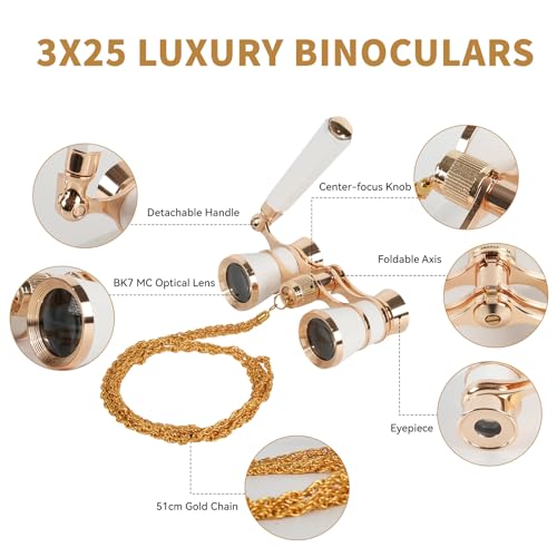 3X25 Theater Glasses Opera Binoculars with Adjustable Handle White-Gold