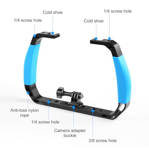 Underwater Camera Cage, Diving Rig with 1/4in 3/8in Screw Hole, Handheld Grip, 2 Cold Shoe Mounts, Video Light Stabilizer for Action Camera