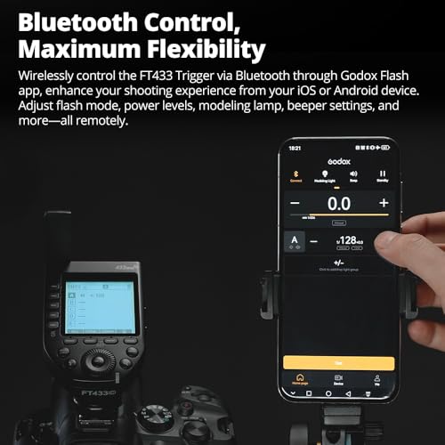 Godox FT433 S TTL Wireless Flash Trigger for Sony, 433MHz, HSS 1/8000s, 100m Range, LCD, 32 Ch, 1-99 ID, Front/Rear Curtain Sync, Bluetooth App Control, TCM, Single-Contact Rapid-Fire