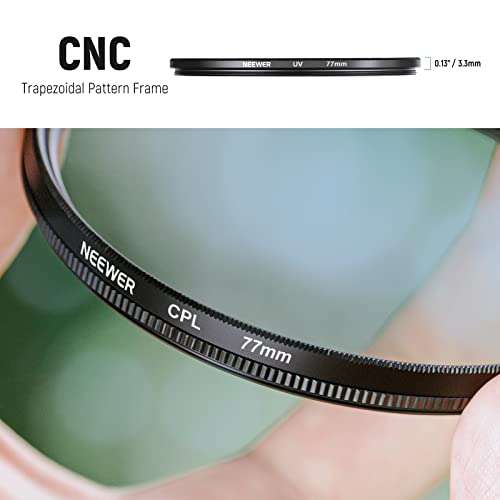 NEEWER 77mm ND2/4/8, UV/CPL/FLD Filter Kit with Lens Hoods, Cap, Pouch, Safety Tether & Cleaning Cloth (Glass)