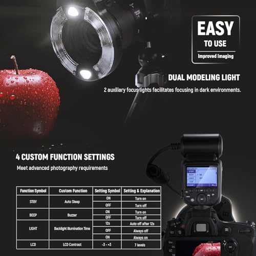 NEEWER RF1-N Marco Ring Flash Light Compatible with Nikon Camera, 76Ws GN15 5600K TTL Lighting 1-1/128 Output Front/Rear Curtain Sync Color Gels, Lens Adapter Rings for Macro Photography Studio Photo for Nikon
