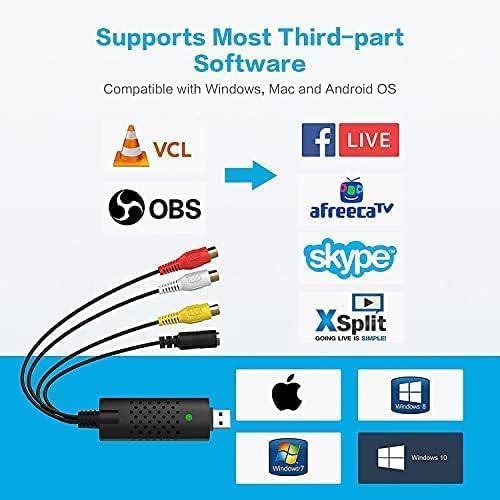 Video Capture Card, USB Video Capture Device,RCA to USB Audio Video Converter,VHS Mini DV VCR Hi8 DVD to Digital Converter for PC TV Tape Player Camcorder,Support PAL/NTSC,MAC Windows Vista Compatible Black-rca