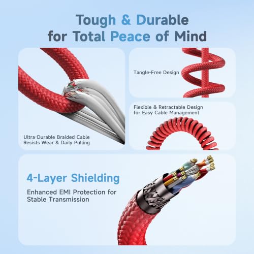 Uonecn HDMI 2.1 Cable for Camera, Ultra HD 48Gbps 8K Braided Coiled HDMI for Atomos Ninja V, Portkeys BM5, Short HDMI Cable for Sony A7iv, Z‑CAM F6, Z‑Cam E2 Pro Cameras, Red, Left Angle‑Straight Straight to Left Angle