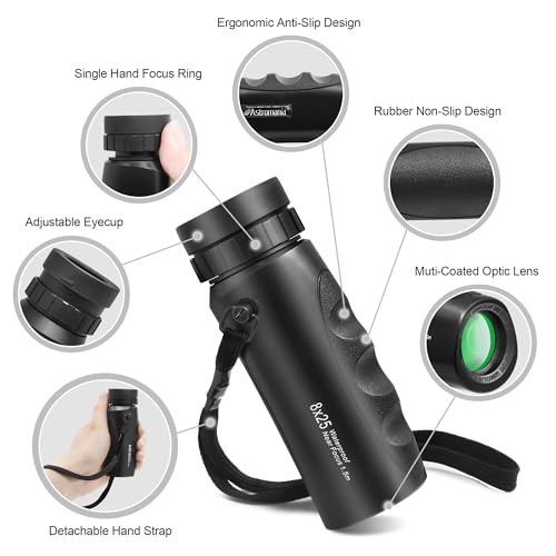 Astromania Upgraded 8x25 Waterproof Compact Monocular - Bundle with - 10X42 HD K9 Prism Monocular Telescope