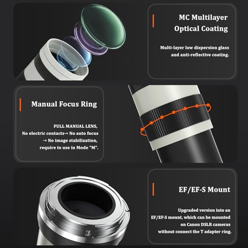 BENOISON 420-800mm Manual Focus Telephoto Lens EF Lens for Canon For Canon EF/EF-S (White)