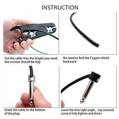 SAPHUE Guitar Bass Patch Cable Multi Effects Guitar Pedal, Solderless Pedalboard Cable Kit,10ft Cable 10 Tip Connectors Solderless 6.35 Mono Plugs for Effect Pedal Make 5 DIY Custom Patch Cables Straight Black Cap Cable Kits